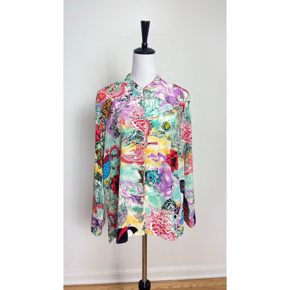 Y2K Natori Japanese Geisha & Dragon Mandarin Collar Button Up Top Size Large